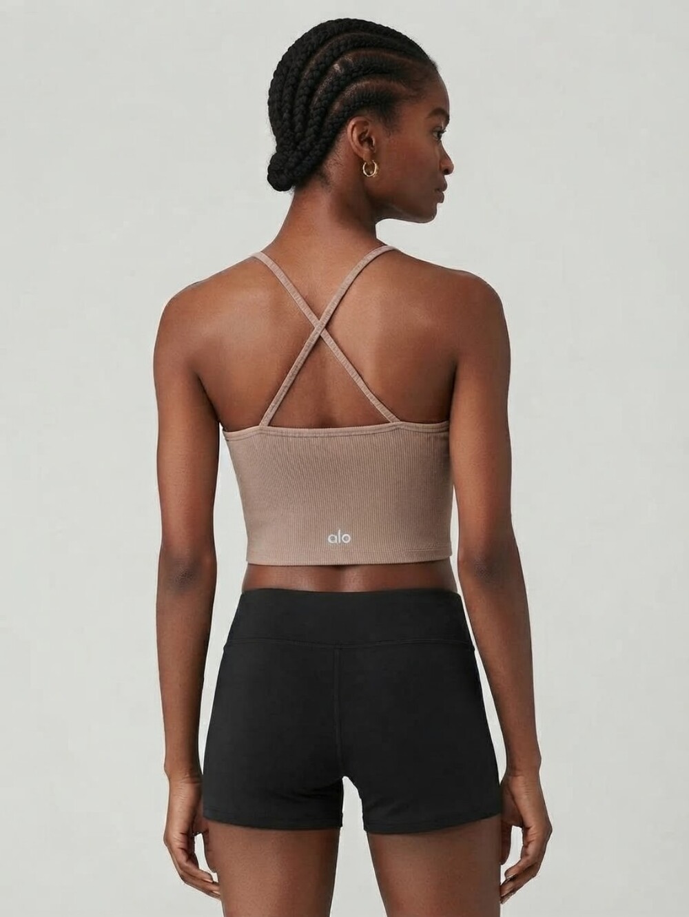 Alo Yoga Ribbed Brown Halter Cross-Back Crop Tank Top with Pads M Tan